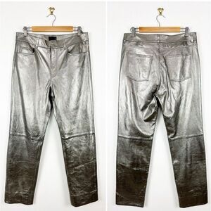 Massimo Dutti Metallic Leather Pants High Waist Straight Leg Silver Size L NWT